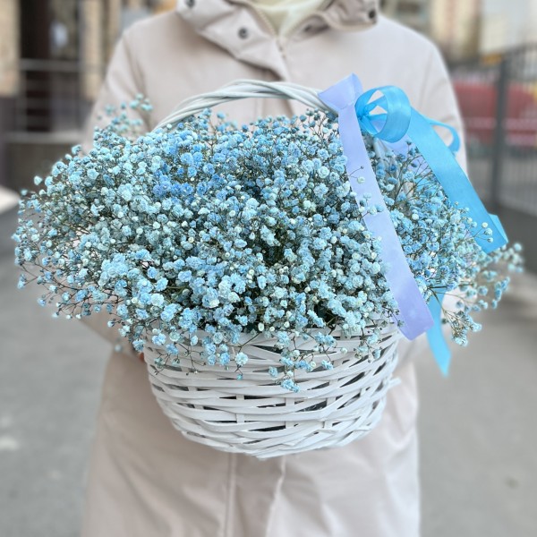 11 голубых гипсофил в корзине